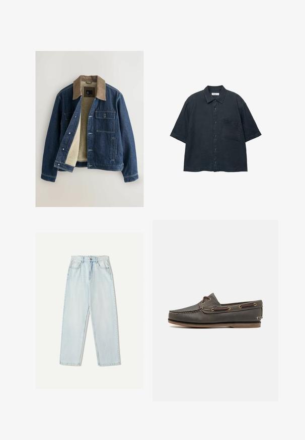 Jeansjacke mit heller Cordkragen, cremigem Fleece-Futter, Frontknopfverschluss und zwei Brusttaschen. Verstärkter Nähdetail.; Dunkelblauses Kurzarm-Hemd mit Knopfleiste, aus leichtem Stoff gefertigt, mit einer Brusttasche und einem klassischen Kragen-Design.; Helle blaue Denim-Jeans mit lässiger Passform, geradem Beindesign, Fünf-Taschen-Stil und dezentem Verblassen des Stoffes.; Dunkelbraune Lederbootsschuh mit niedrigem Profil, ausgestattet mit Messingösen und kontrastierendem Stich, flacher Gummisohle und strukturiertem Finish.