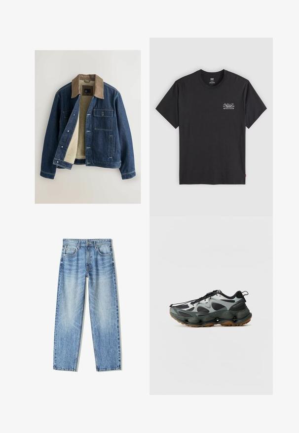 Denimjakke med en brun kordfløjelkrave, cremefarvet fleecefor, frontknaplukning og to brystlommer. Forstærket syning.; Sort bomuld t-shirt med korte ærmer og rund hals. Har et lille hvidt grafisk print på venstre bryst. Glat tekstur.; Lysblå denimjeans med løs pasform, lige bendesign, fem lommer og falmede detaljer. Har en frontknap og lynlås-lukning.; Sorte og grå atletiksko med mesh-overdel, skulptureret sål og gummisål. Har et sikkert snøresystem og en trækflap ved hælen.