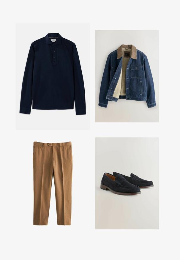 Denima jaka ar brūnu korduroja apkakli, krēmveida vilnas oderi, priekšējo pogu aizdari un divām krūšu kabatām. Pastiprināta šuvju detaļa.; Michael Kors Tops ar garām piedurknēm - navy; Brūnas bikses ar teksturētu audumu, brīva piegriezuma, vienu pogu aizdari un jostas cilpām. Satur sānu kabatas un taisnas kājas dizainu.; Jūras zilo zamšādas loafers ar strukturētu ādas joslu, zemu koka papēdi un dekoratīvu šuvumu detaļu, kas demonstrē klasisku slip-on dizainu.