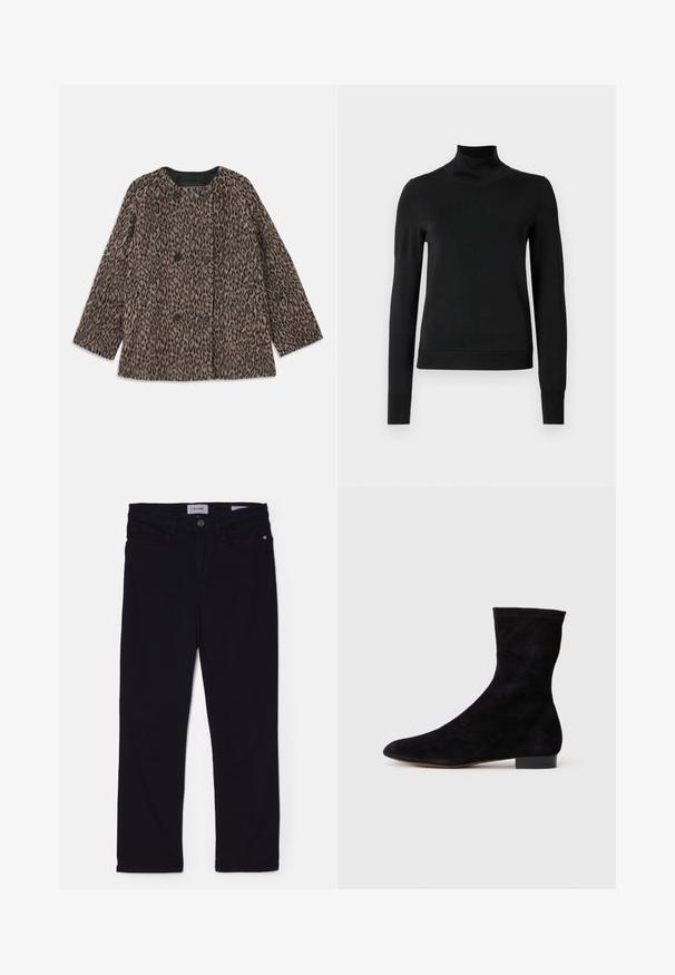 Takki, jossa on leopardi-kuvio, kaksirivinen muotoilu, mustat napit ja pyöreä pääntie. Valmistettu teksturoidusta kankaasta, jossa on pitkiä hihoja.; Musta pitkähihaisen pooloneuleen, jossa on ribbikuvioiset hihansuut ja helma, esitetty yksinkertaisella valkoisella taustalla.; Mustat farkut, joissa on slim fit -leikkaus, etupainike, vyölenkit ja etutaskut. Pehmeä materiaali, jossa on sileä tekstuuri.; Mustang-mustaviinan nilkkuri, jossa on tiukka varsi, terävä kärki ja matala lohkoiltu korko. Sileä pinta ja minimalistinen muotoilu, sopii monenlaiseen tyyliin.