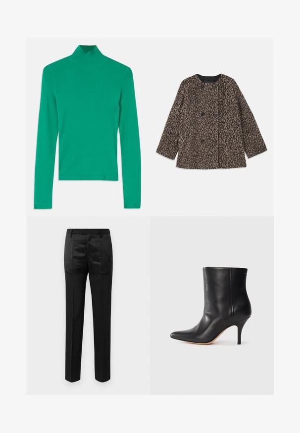 Leopardenmuster Mantel mit doppelter Knopfleiste, schwarzen Knöpfen und rundem Ausschnitt. Hergestellt aus einem strukturierten Stoff mit langen Ärmeln.; Grüner Rollkragenpullover aus geripptem Strickstoff, mit langen Ärmeln und subtilen Seitennähten für ein elegantes, tailliertes Erscheinungsbild.; Schwarze maßgeschneiderte Hosen mit geraden Beinen und einem Bund mit Gürtelschlaufen, ausgestattet mit einer Mischung aus matten und glänzenden Stoffpaneelen.; Schwarze Leder-Ankle Boots mit spitzem Zeh, schlankem Stiletto-Absatz und glatter Textur. Minimalistisches Design ohne sichtbare Beschläge oder Akzente.