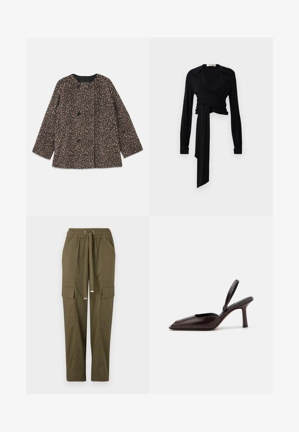 Płaszcz w panterkę w stylu podwójnie zapiętym, z czarnymi guzikami i okrągłym dekoltem. Wykonany z teksturowanej tkaniny z długimi rękawami.; Czarna bluzka z długimi rękawami, rozłożystym kołnierzem i wiązaniem w talii. Wykonana z gładkiego materiału o lekkiej teksturze.; Olive'owe zielone spodnie cargo z elastycznym pasem, sznurkiem, dwoma bocznymi kieszeniami i dwiema kieszeniami cargo, wykonane z gładkiego materiału bawełnianego.; Brązowe lakierowane skórzane czółenka na wysokim obcasie z wysmuklonym noskiem i cienkim obcasem. Posiadają elegancki kształt i gładką teksturę powierzchni.