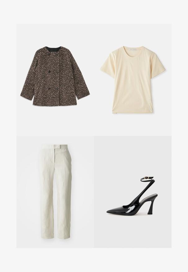 Panterprint jas met een dubbelgeknoopt ontwerp, zwarte knopen en een ronde halslijn. Gemaakt van een gestructureerde stof met lange mouwen.; Crème-kleurig T-shirt van zachte, lichtgewicht katoen, met korte mouwen en een ronde halslijn. Geen zichtbare patronen of accenten.; Witte linnen broeken met een slim fit, voorzien van een platte voorkant en rechte pijpen. Gladde textuur met een subtiele kreukeldetail.; Zwarte gepatenteerde leren slingback pumps met een spitse neus, verstelbare enkelband en een gematigd blokhak. Gladde textuur met een glanzende afwerking.
