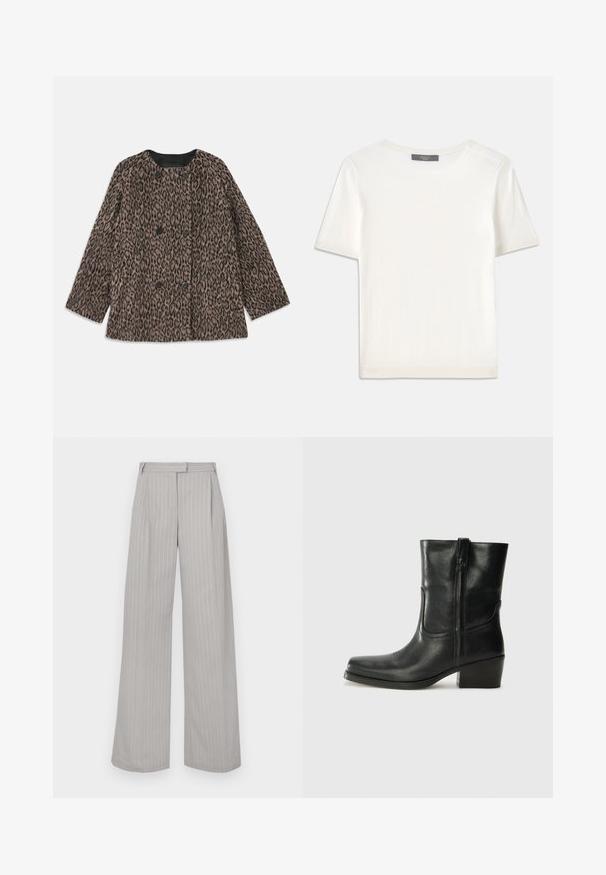 Cappotto con stampa leopardata caratterizzato da un design a doppio petto, bottoni neri e scollatura rotonda. Realizzato in un tessuto testurizzato con maniche lunghe.; Top corto a maniche corte di colore bianco, in maglia, con scollatura rotonda. Presenta una texture liscia e accenti a coste sottili sulle maniche e sull'orlo.; Pantaloni a palazzo grigio chiaro con righe verticali bianche, caratterizzati da una piega frontale e una cintura piatta. Realizzati in tessuto morbido.; Stivale ankle in pelle nera con punta arrotondata, tacco a blocco, cerniera laterale e dettagli in cucitura sulla tomaia. Texture liscia, design classico.