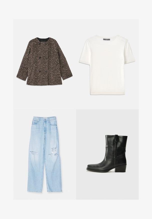 Plašč z leopardjim vzorcem z dvojnim zapenjanjem, črnimi gumbi in zaobljenim ovratnikom. Narejen iz teksturirane tkanine s dolgimi rokavi.; Bela kratka pletena majica s kratkimi rokavi in okroglim izrezom, ki ima gladko teksturo in subtilne rebrovane detajle na rokavih in robu.; Svetlobluje široke traperice z visokim pasom, ki imajo na sprednjem delu otrgane razpoke, izdelane iz denima z gladko teksturo.; Črne usnjene gležnjarje z zaobljenim nosom, blok peto, stransko zadrgo in šivanjem na vampu. Gladka tekstura, klasična zasnova.