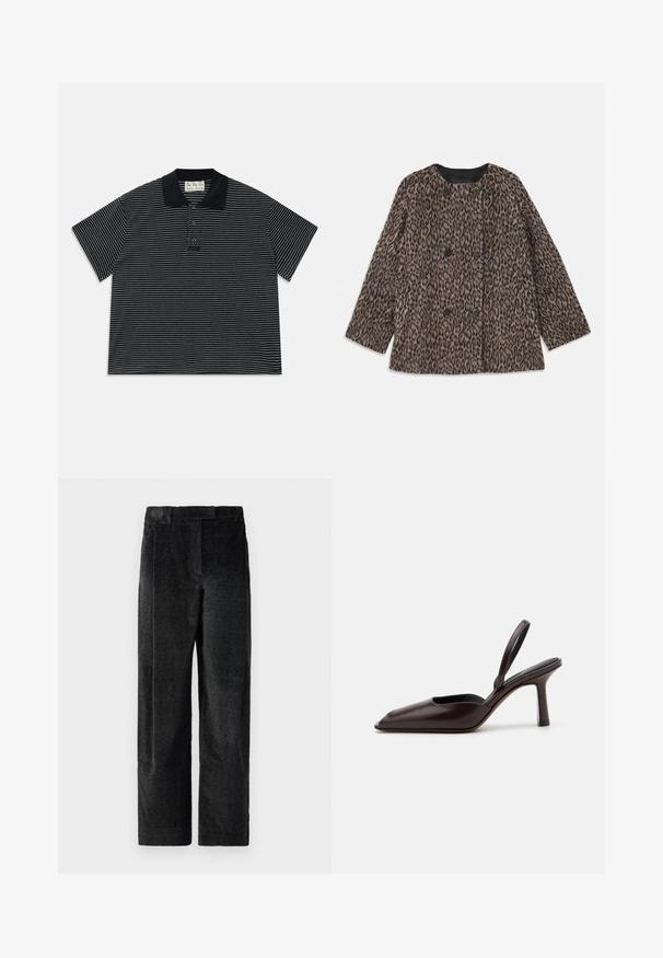 Leopardo rašto paltas su dvigubos krūtinės dizainu, juodomis sagomis ir apvaliu apykakle. Pagamintas iš tekstūruotos medžiagos, su ilgomis rankovėmis.; Juodas trumpas rankovėmis polo marškinėliai su plonomis baltomis horizontalinėmis juostelėmis ir trimis priekiniais mygtukais, turintys juodą apykaklę ir audinio etiketę viduje kaklo.; Juodos, tekstūruotos plačios kelnės su išreikšta audimo struktūra, turinčios priekinę klostę ir plokščią juosmenį. Klasikinis dizainas, skirtas universalumui.; Ruda patentinė oda slingback aukštakulnė batų pora su smailiu pirštu ir plonu, aukštu kulnu. Pabrėžia elegantišką dizainą ir lygų paviršiaus tekstūrą.