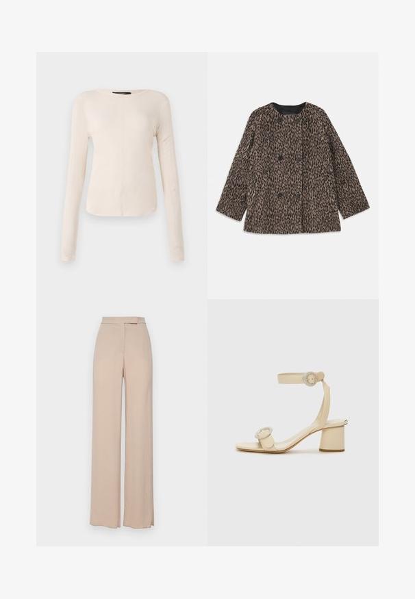 Leopard print coat featuring a double-breasted design, black buttons, and a rounded neckline. Made from a textured fabric with long sleeves.; Long-sleeve, light beige top with a round neckline. Made of soft fabric, features a central seam and slightly curved hem. No visible hardware.; Beige wide-leg trousers made from a lightweight fabric. Features a smooth texture, front pockets, and a subtle waistband design.; Beige heeled sandals with a square toe, adjustable ankle strap, and two round buckle accents. Smooth leather texture and block heel.