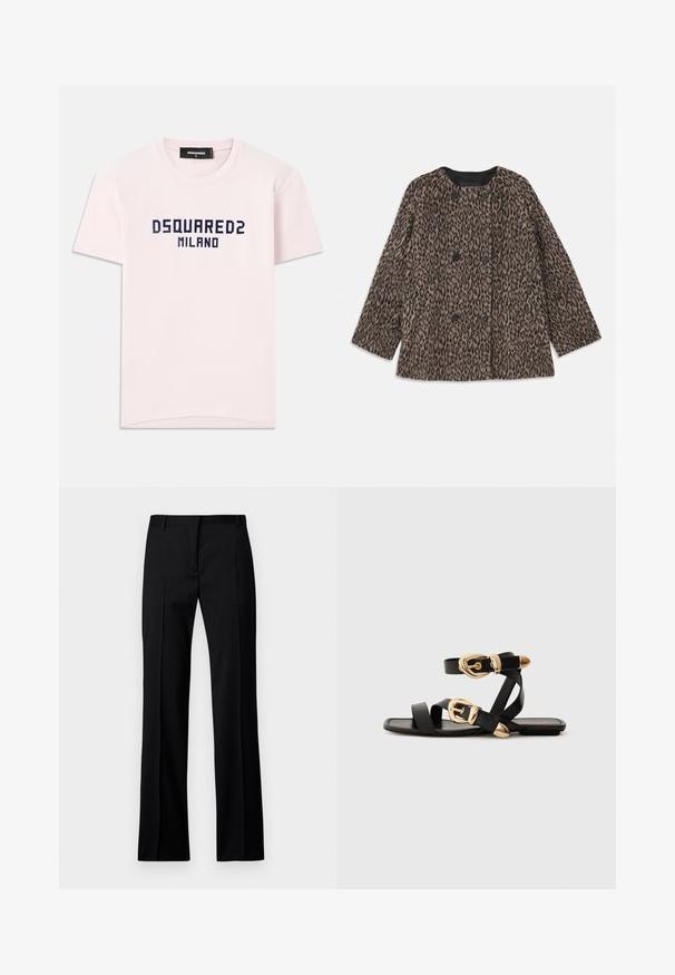 Panterprint jas met een dubbelgeknoopt ontwerp, zwarte knopen en een ronde halslijn. Gemaakt van een gestructureerde stof met lange mouwen.; Roze katoenen t-shirt met "DSQUARED2 MILANO" in marineblauw gedrukt. Klassiek crew neck ontwerp met korte mouwen. Glad materiaal.; Zwarte rechte broek van gladde stof, met een platte voorkant, riemlussen en zonder zichtbare zakken of versieringen.; Zwarte leren sandaal met gouden gespaccenten, voorzien van meerdere banden en een vlakke zool voor open-teenschoen gebruik.
