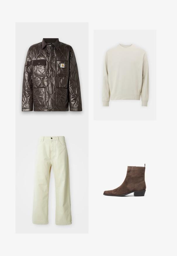 Rjava prešita jakna z sijočim materialom, pelzgornim ovratnikom, žepom na prsih in dvema sprednjima žepoma. Ima tudi pritisne gumbe in značko z logotipom.; Svetlo bež sweatshirt iz mehkega blaga s krožnim izrezom, dolgimi rokavi ter rebrastimi manšetami in robom. Minimalističen dizajn, brez vidnih vzorcev.; Svetlo rumene, široke hlače iz denima, z zapenjanjem na sprednji gumb, petimi žepi in ravnim, brez dodatkov oblikovanjem.; Rjavi nubuk škornji do gležnjev s koničastim nosom, nizko blok peta in zanko na zadnji strani za lažje obuvanje. Gladka tekstura in preprost dizajn.