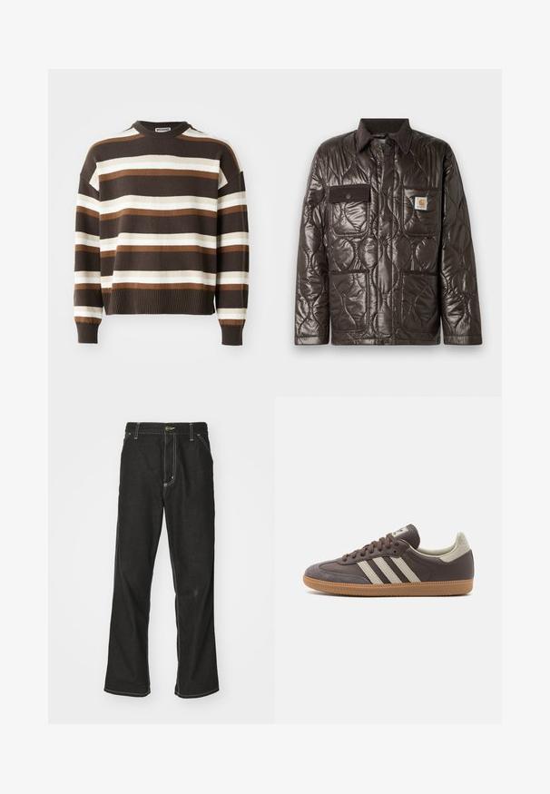 Veste matelassée marron en matériau brillant, col en velours côtelé, poche poitrine et deux poches avant. Dotée de boutons-pression et d'un patch logo.; Pull rayé marron et crème avec un col rond, des poignets et un ourlet côtelés, offrant une coupe décontractée et une texture douce.; Jean en denim noir avec une coupe ample, comportant des coutures blanches contrastantes, une fermeture à bouton et un design à jambes droites.; Baskets en cuir marron avec trois bandes de couleur claire, semelle en gomme, bout arrondi et accents en daim texturé sur le talon et le bout.