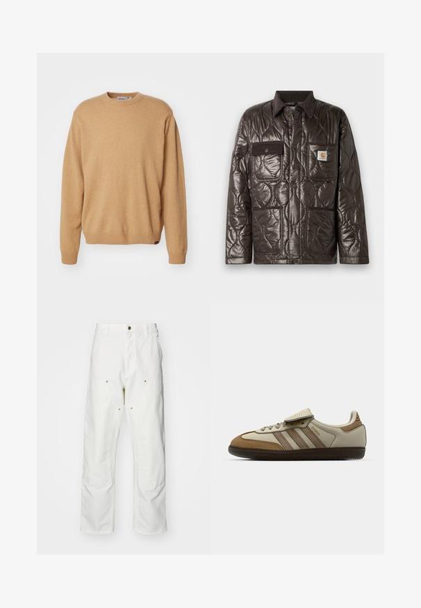 Braune gesteppte Jacke aus glänzendem Material, mit Cordkragen, Brusttasche und zwei Fronttaschen. Enthält Druckknöpfe und ein Logo-Patch.; Beige gestrickter Pullover mit Rundhalsausschnitt, langen Ärmeln und gerippten Bündchen und Saum. Weiche Textur mit einem Etikett-Detail am unteren Ende.; Weiße Baumwoll-Cargohose mit lockerer Passform. Zu den Merkmalen gehören Fronttaschen, goldfarbene Hardware-Akzente und verstärkte Kniebereiche.; Braune und cremefarbene Sportschuhe mit drei beigefarbenen Streifen, aus Wildleder und Leder gefertigt, Schnürdesign und Gummisohle. Textlogo an der Seite.