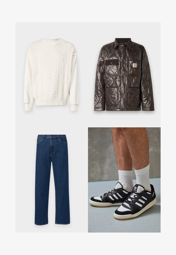 Braune gesteppte Jacke aus glänzendem Material, mit Cordkragen, Brusttasche und zwei Fronttaschen. Enthält Druckknöpfe und ein Logo-Patch.; Carhartt WIP TRIDON SWEATER - Strickpullover - natural; Dunkelblaue gerade geschnittene Jeans mit Fronttaschen und Knopfverschluss, auf einem schlichten weißen Hintergrund präsentiert.; Schwarz-weiße Sneaker mit einem Obermaterial aus Wildleder und Leder, ausgestattet mit drei weißen Streifen, einer perforierten Zehenpartie und einer Sohle aus Gummi.