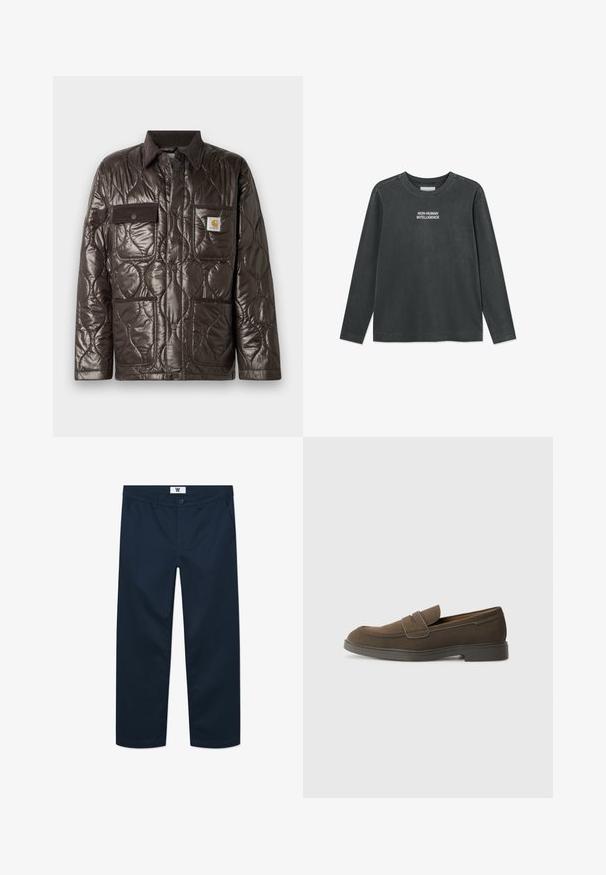 Veste matelassée marron en matériau brillant, col en velours côtelé, poche poitrine et deux poches avant. Dotée de boutons-pression et d'un patch logo.; T-shirt noir à manches longues en coton avec le texte "INTELLIGENCE NON HUMAINE" en blanc. Col rond avec des accents de bouton aux épaules.; Chinos en coton bleu marine avec une coupe droite, comprenant une fermeture à bouton à l'avant, deux poches latérales et un design minimaliste.; Mocassin en daim marron avec un bout arrondi, une sangle sur le devant et une semelle en caoutchouc plate. Design simple avec des lignes épurées et un minimum de détails.