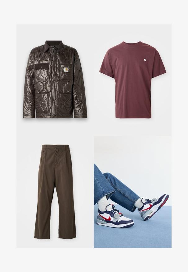 Brown quilted jacket with shiny material, corduroy collar, chest pocket, and two front pockets. Features snap buttons and a logo patch.; Burgundy cotton t-shirt with short sleeves, crew neck, and a small white logo on the left chest. Smooth texture, relaxed fit.; Brown, wide-leg trousers made of cotton with a front button closure, belt loops, and a smooth, matte texture.; Nike sneakers featuring a white and navy upper, red accents, grey patterned sections, and a chunky white sole, paired with blue jeans and white socks.