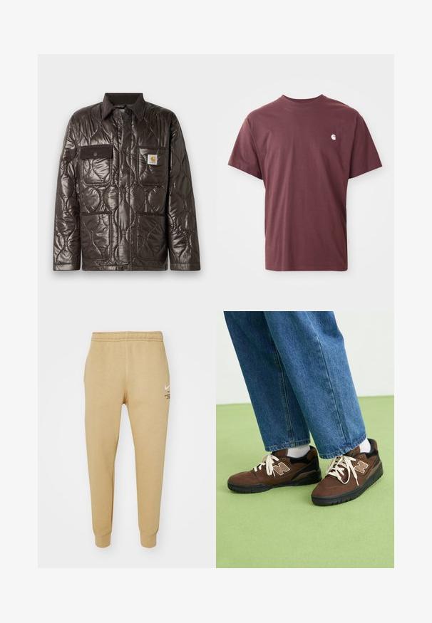 Καφέ επενδυμένο μπουφάν με λαμπερό υλικό, λαιμόκοψη από κοτλέ, τσέπη στο στήθος και δύο μπροστινές τσέπες. Διαθέτει κουμπιά με πιέτα και μπατζάκι με λογότυπο.; Βουργουνδίζα βαμβακερή μπλούζα με κοντά μανίκια, στρογγυλή λαιμόκοψη και ένα μικρό λευκό λογότυπο στο αριστερό στήθος. Απαλή υφή, άνετη εφαρμογή.; Ανοιχτό καφέ παντελόνι φόρμας από μαλακό ύφασμα, με ελαστική μέση και μανσέτες, διακοσμημένο με λευκό λογότυπο Nike και κείμενο στο πλάι.; Καφέ σουέτ αθλητικά παπούτσια με μαύρες λεπτομέρειες και λευκό λογότυπο, με λευκές κορδόνες και υφασμάτινη μαύρη καουτσούκ σόλα. Φορεμένα με μπλε τζιν παντελόνι.