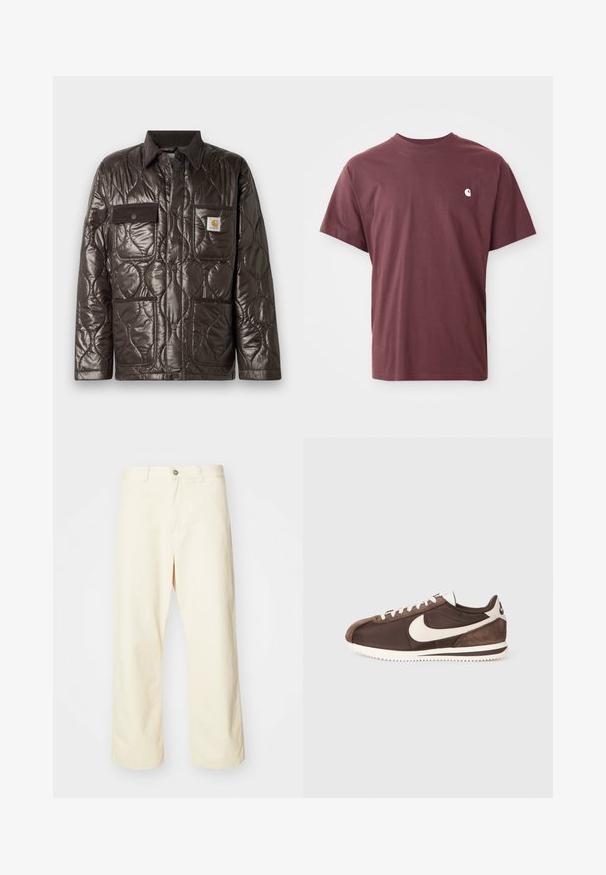 Brūna quiltēta jaka ar spīdīgu materiālu, korduroja apkakli, krūšu kabatu un divām priekšējām kabatām. Iekļauj snap pogas un logo uzlīmi.; Burgundijas krāsas kokvilnas t-krekls ar īsām piedurknēm, apaļu kaklu un mazu baltu logotipu uz kreisās krūts puses. Gluda tekstūra, brīva piegriezuma.; Kremkrāsas, platās kājas bikses no kokvilnas ar pogu aizdari, jostu cilpām un izšūtu malu. Gluda tekstūra, nav redzamu rakstu.; Brūni sporta apavi, kas veidoti no miksa zamšiem un auduma, ar baltu Nike žaketu un strukturētu gumijas zoli.