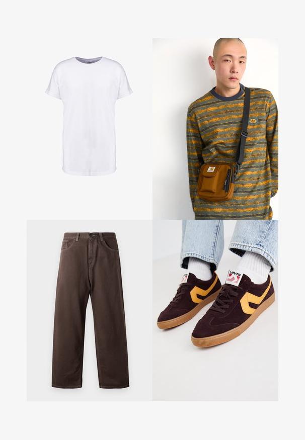 Brun quiltet jakke med skinnende materiale, kordfløyelskrage, brystlomme og to frontlommer. Har trykknapper og et logo-patch.; Hvit bomulls t-skjorte med kort erme, rund hals og avslappet passform. Glatt tekstur uten synlige mønstre eller design.; Brune vide bukser lavet af bomuld, med et klassisk fem-lomme design, lynlås foran og synlige syninger.; Mørke burgunder ruskindsnikkerter med gule læderdetaljer, gummisål og hvide snørebånd. Branding synlig på tungen.; Brun stoff krossbody-veske med glidelås og frontlomme; brukt over en grå og oransje-striped langermet skjorte med logo-patch.