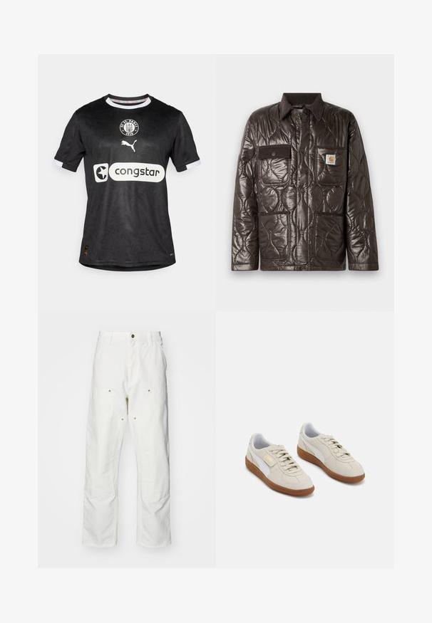 Hnedá prešívaná bunda z lesklého materiálu, s kordovým golierom, náprsní vreckom a dvoma prednými vreckami. Obsahuje cvoky a logo nášivku.; Čierne futbalové tričko s jemným vzorom, biele akcenty na rukávoch a logá Puma a Congstar na prednej strane.; Biele bavlnené cargo nohavice s voľným strihom. Medzi vlastnosti patrí predné vrecká, zlaté detaily a zosilnené kolenné časti.; Béžové semišové tenisky s bielymi koženými akcentmi a hnedými gumovými podrážkami. Majú zaoblenú špičku, šnúrky a zlaté logo na boku.