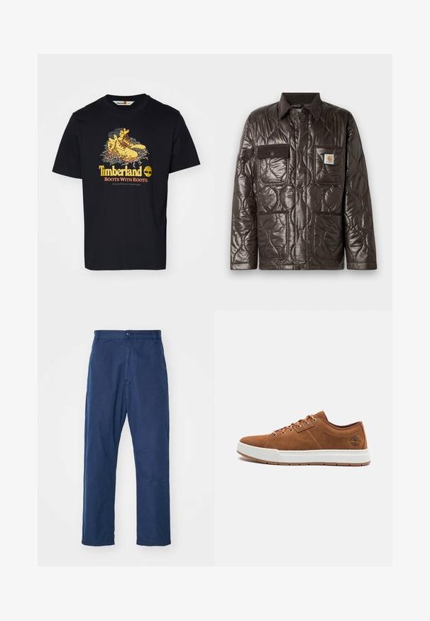 Brun quiltet jakke med blankt materiale, kordfløjfelt krave, brystlomme og to forlommer. Har trykknapper og et logo mærke.; Sort bomulds t-shirt med et farverigt grafisk motiv af gule støvler med rødder og teksten "Timberland Boots With Roots" i gult.; Marineblå, lige bukser lavet af bomuld. Har en frontknaplukning og en subtil tekstur, med sidelommer og bælteløkker.; Brune ruskinds sneakers med hvid gummisål, rund tå, seks metaløjer og præget logo detalje på siden. Klassisk snøredesign.