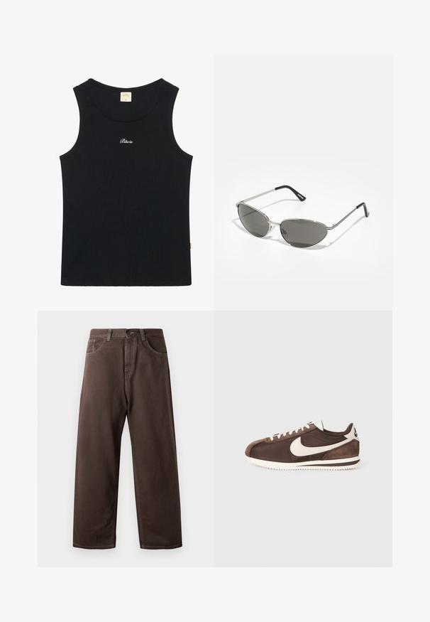 Giacca marrone trapuntata in materiale lucido, colletto in velluto a coste, tasca sul petto e due tasche frontali. Presenta bottoni a pressione e una patch con logo.; Canotta nera a costo rigato con scollo rotondo e orlo cucito. Caratterizzata dal logo ricamato "Blkrts" in bianco sulla parte anteriore. Materiale morbido in misto cotone.; Pantaloni larghi marroni in cotone, con un classico design a cinque tasche, chiusura con zip e dettagli di cucitura visibili.; Sneaker marrone con una combinazione di materiali in suede e canvas, dotato di un logo Nike swoosh bianco e di una suola in gomma testurizzata.; Occhiali da sole con una struttura elegante in metallo argentato, lenti grigio scuro e un design aerodinamico caratterizzato da bordi appuntiti e aste sottili.