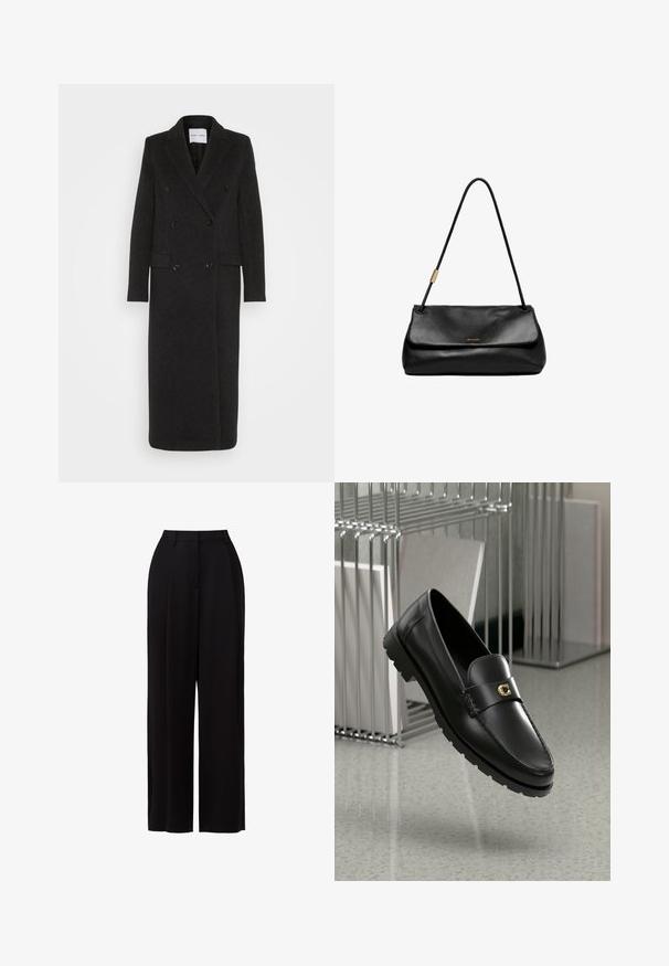 Samsøe Samsøe Klassisk kappa / rock - phantom; Svart långärmad tröja med V-ringning och kragad design. Tillverkad av ett mjukt material och har ribbade manschetter och nederkant för extra textur.; Svarta vida byxor i lätt tyg, med hög midja, framfickor och minimalistisk design utan synliga fickor eller metalldelar.; Svarta läderloafers med en upphöjd söm, guldaccentlogotyp och texturerad rem. Har en tjock, hållbar gummisula.; Svart läderväska med ett vikbart lock, smal axelrem och guldfärgade detaljer. Slät struktur med minimalistisk design.