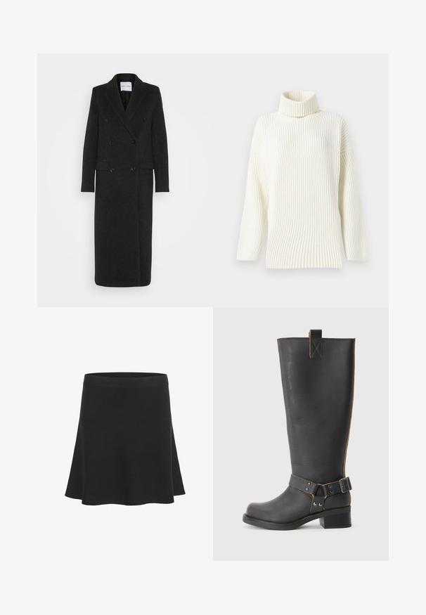 Samsøe Samsøe Klasikinis paltas - phantom; Kreminės spalvos juostuotas megztinis su aukšta apykakle, ilgomis rankovėmis ir laisvu siluetu. Minkšta tekstūra ir be siūlių dizainas dar labiau pagerina komfortą.; Juodas išsiskiriantis mini sijonas, pagamintas iš minkštos medžiagos su lygiu paviršiumi ir plačiu juosmeniu. Yra paprasto dizaino, be raštų ar akcentų.; Juodų odinių iki kelių botų su tekstūruotu paviršiumi, šonuose su sagtimi ir žemu kulnu. Išsamus siuvinėjimas palei siūles.