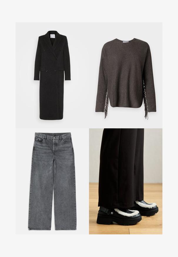 Samsøe Samsøe Klasičan kaput - phantom; Tamno siva pletena majica s okruglim izrezom, dugim rukavima i resicama s obje strane. Mekana tekstura i opušteni kroj.; Široke traperice u tamnosivoj boji. Imaju visoki struk, dizajn s pet džepova i prednje kopčanje na dugme. Glatka tekstura s suptilnim izbljeđenjem.; Crne platforme imaju bijeli krzneni obrub, zaobljeni nos i remen s metalnom kopčom. Nosi se s crnim hlačama na drvenom podu.