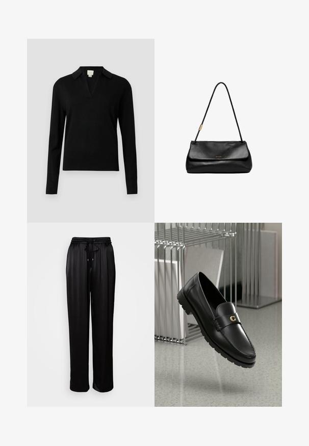 Samsøe Samsøe Klasický kabát - phantom; Černý dlouhý svetr s výstřihem do V a límečkem. Vyroben z měkkého materiálu s žebrovanými manžetami a lemem pro zvýraznění textury.; Černé volné kalhoty s elastickým pasem a šňůrkou, vystavené na bílém pozadí.; Černé kožené mokasíny s vyvýšeným švem, zlatým akcentovým logem a texturovaným páskem. Mají silnou, odolnou gumovou podrážku.; Černá kožená kabelka s překlopným víkem, štíhlým ramenním popruhem a zlatými kovovými detaily. Hladká textura s minimalistickým designem.