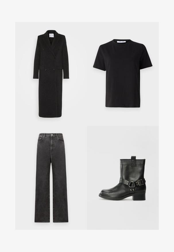 Samsøe Samsøe Abrigo clásico - phantom; Camiseta negra de manga corta hecha de algodón suave, con un cuello redondo, corte relajado y una textura lisa. Sin patrones ni gráficos visibles.; Pantalones de mezclilla negros de pierna ancha con cintura alta, que presentan bolsillos frontales, cierre de botones y una textura ligeramente deslavada.; Samsøe Samsøe SABRENTA - Botines camperos - black