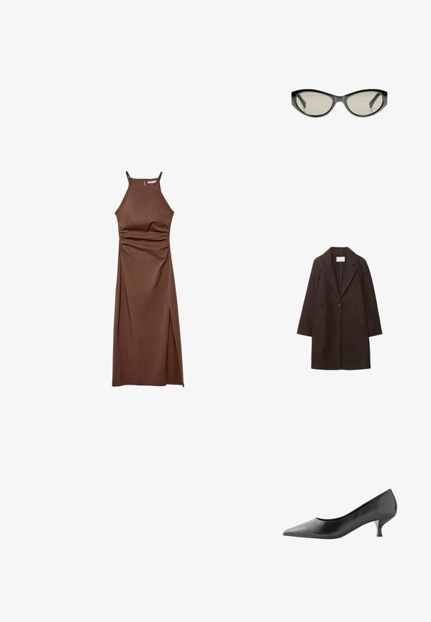 Hnedý vlnený kabát s vykrojeným golierom, zapínaním na jeden gombík a dvoma prednými vreckami. Má prispôsobený strih a dlhé rukávy.; Stradivarius HALTER - Šaty do práce - dark brown; Next FOREVER COMFORT COURT - Klasické lodičky na opätku - mottled black; Čierne slnečné okuliare v tvare mačacích očí so šedými tónovanými sklami. Plastový rám má ostré hrany a hladký, lesklý povrch.