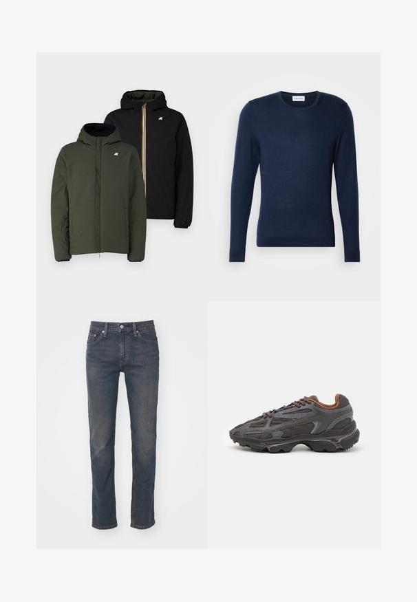 Două jachete afișate împreună; una este verde măsliniu cu fermoar frontal, cealaltă este neagră cu un fermoar galben, având glugi și buzunare laterale.; Pulover lung cu mâneci, de culoare albastru marin, realizat dintr-un material fin tricotat. Prezintă un decolteu rotund și manșete cu coaste la mâneci și la tiv. Logo-ul Calvin Klein este afișat.; Jeans din denim de culoare albastru închis cu un design drept, având bentițe pentru curea, un închidere cu un singur buton și o textură ușor decolorată.; Adidași Lacoste de culoare gri închis, din material mesh și sintetic, cu o talpă texturată și accente maronii pe guler și branding.