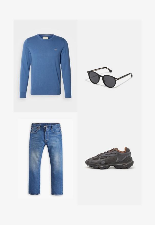 Dva kabáty vystavené vedle sebe; jeden je olivově zelený s předním zipem, druhý je černý se žlutým zipem, oba mají kapuce a boční kapsy.; Modrý svetr s kulatým výstřihem vyrobený z měkké látky. Má dlouhé rukávy, žebrované manžety a malé vyšívané logo na hrudi. Hladký povrch.; Modré riflové džíny, rovný střih, s viditelným vyblednutím, zapínání na knoflík a zip, pět kapes a oranžové švy.; Sněrovací boty Lacoste v tmavě šedé barvě s síťovinou a syntetickým materiálem, prezentující texturovanou podrážku a hnědé detaily na límci a logu.; BOSS Sluneční brýle - black