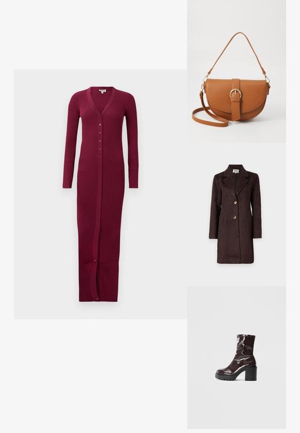 Hnedý semišový dlhý kabát s klopovým golierom, dvoma veľkými gombíkmi a rovnou siluetou. Hladká textúra s minimalistickým dizajnom.; Bordový žebrovaný dlouhý cardigan s V-krkem, dlouhými rukávy a předním zapínáním na knoflíky. Má rozparek na lemu pro pohodlný pohyb.; Lesklé burgundské kotníkové boty s robustním černým podpatkem, s hladkou strukturou a jednoduchým designem. Bez viditelných zapínání nebo vzorů.; Hnedá kožená kabelka cez telo s zakriveným tvarom, zlatými kovovými doplnkami a akcentom s prackou. Obsahuje odnímateľný ramenný popruh.