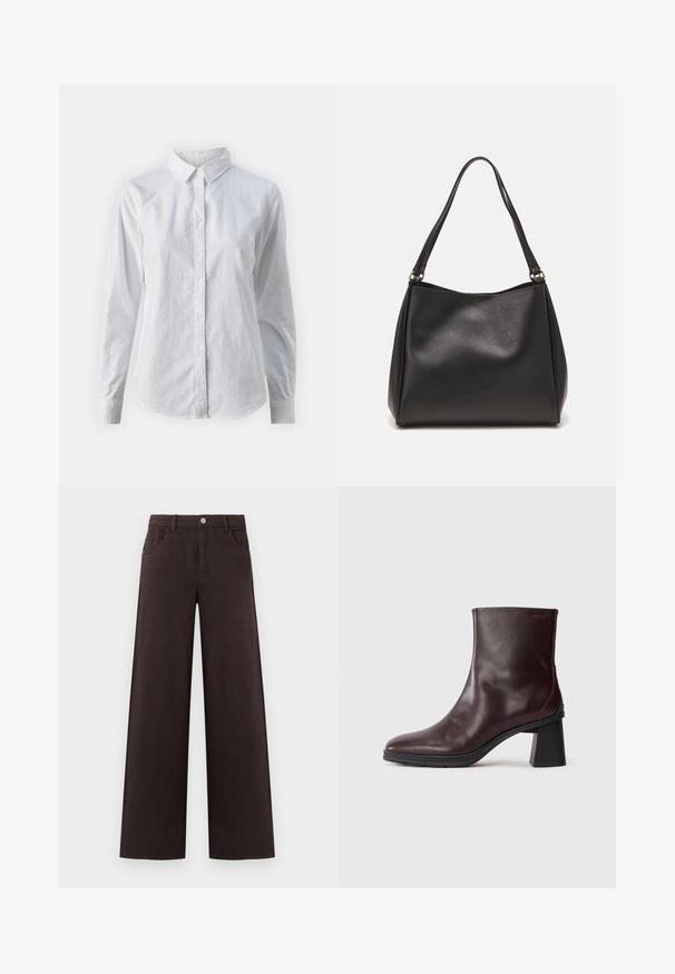 Cappotto lungo in suede marrone con rever a punta, due grandi bottoni e silhouette dritta. Texture liscia con un design minimalista.; Camicia bianca con bottoni, realizzata in cotone liscio, dotata di un colletto classico, maniche lunghe e orlo curvo. I bottoni sono piccoli e bianchi.; Pantaloni a gamba larga in cotone di colore marrone scuro. Presentano una chiusura con bottone e tasche frontali, con una superficie liscia e linee pulite.; Stivale alla caviglia in pelle marrone scuro con tacco a blocco e punta rotonda, visualizzato su uno sfondo grigio chiaro uniforme.; Borsa a tracolla nera in pelle sintetica con una texture morbida, forma hobo e doppi manici; presenta una finitura lucida e un design minimalista.