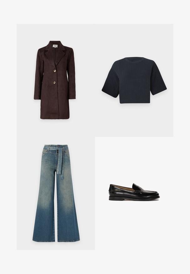 Bruin suède lange jas met een gekartelde revers, twee grote knopen en een rechte silhouette. Soepele textuur met een minimalistisch ontwerp.; Donker marineblauw cropped gebreid sweater met ribbeltextuur, korte brede mouwen en een ronde halslijn. Eenvoudig ontwerp, zonder zichtbare patronen of accenten.; Wijduitlopende denim broek met een lichte naar donkere blauwe gradient, hoge taille, riemlussen en een bijpassende stoffen riem. Gestructureerde denimafwerking.; Zwarte leren loafer met een ronde neus, instapontwerp en subtiele stiksels langs de bovenkant. Platte rubberen zool.