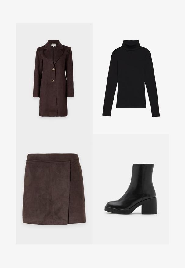Caban lung din suede maro, cu revere tăiate, două butoane mari și o siluetă dreaptă. Textură netedă, cu un design minimalist.; Cămășuță neagră cu guler înalt, dintr-un material cu dungi, cu un design aderent, fără modele sau accente.; Fustă mini din faux suede maro cu o textură netedă, având un detaliu cu pliuri pe lateral, tiv drept și o talie strânsă.; Botă de gleznă din piele neagră, cu vârf rotund și toc masiv. Textură netedă, design minimalist, fără hardware sau accente vizibile.