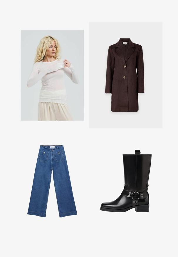 Cappotto lungo in suede marrone con rever a punta, due grandi bottoni e silhouette dritta. Texture liscia con un design minimalista.; Top bianco lungo e trasparente con uno stile aderente. Tessuto leggero con una trama liscia. La modella aggiusta la manica, indossando pantaloni crema.; Jeans in denim a gamba larga con un lavaggio blu medio, due tasche frontali con chiusura a bottone e dettagli cuciti lungo gli orli.; Stivale in pelle nera alto fino al ginocchio con punta affusolata, dettagli in argento e tacco largo. Presenta un inserto per facilitare l'indossamento.