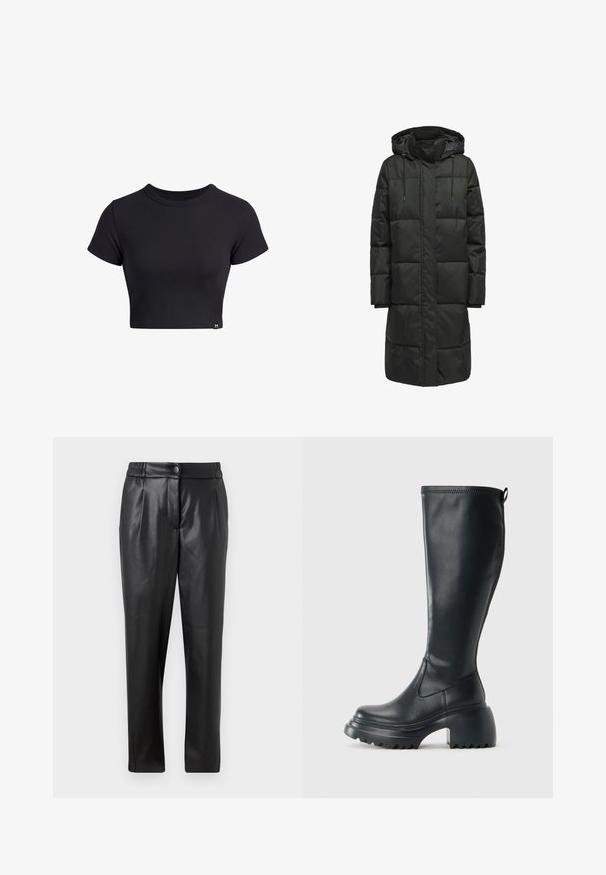 Sort polstret frakke med hætte, udstyret med lynlås, snore og et quiltet design. Materialet ser glat ud med en let glans.; Sort ribbet kortærmet crop top med rund halsudskæring. Har en tætsiddende pasform og et lille logo mærke i nederste venstre hjørne.; Sorte læderbukser med en glat tekstur, lige pasform, elastisk talje og en lynlåslukning foran; plisserede detaljer og tætsiddende ben.; Høj sort læderstøvle med kraftig platformssål og blokhæl, med trækstrop og tekstureret sål.