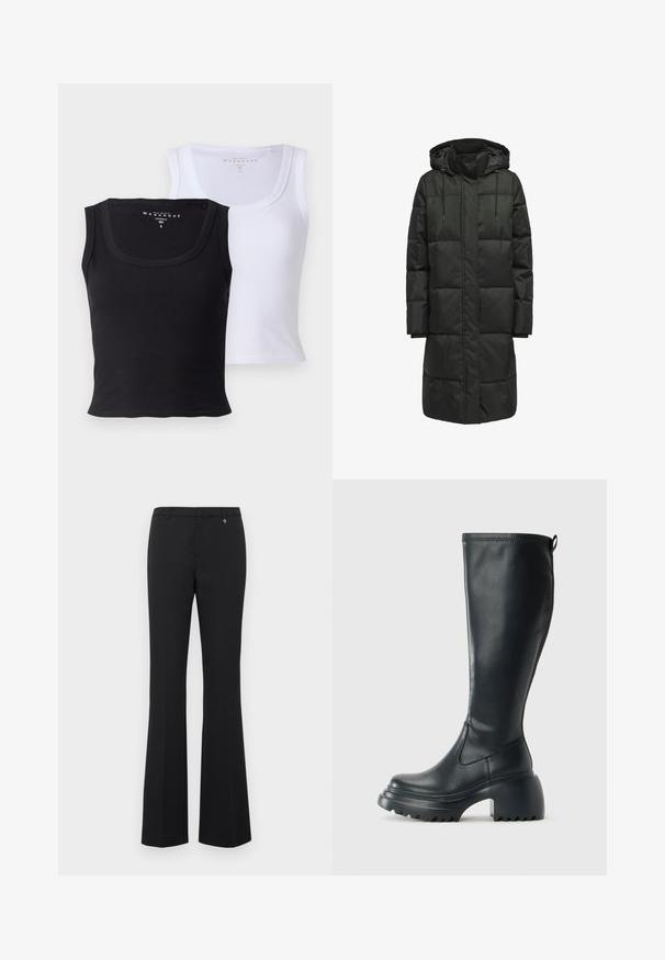 Melnā polsterētā jaka ar kapuci, ar rāvējslēdzēju, auklām un izšuvuma dizainu. Materiāls izskatās gluds ar vieglu spīdumu.; Divi kokvilnas bezpieši, viens melns un otrs balts. Abiem ir ribota tekstūra, plašas kakla izgriezuma un pieguļoša forma.; Melnas platās bikses izgatavotas no gludas auduma. Vidēja augstuma jostasvieta ar jostu cilpiņām, plakans priekšpuse un neliels zelta akcents pie jostasvietas.; Augstas melnas ādas zābakus ar masīvu platformu un bloka papēdi, ar vilkšanas cilpu un strukturētu profilu uz ārējā zoles.