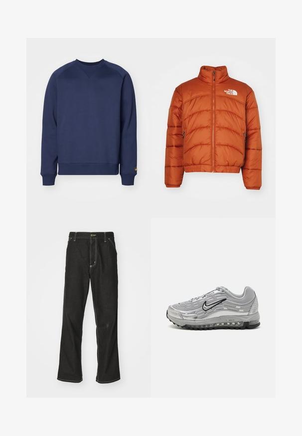 Giacca a vento arancione, con colletto alto, chiusura con zip, modelli cuciti e logo sul lato sinistro del petto. Due tasche laterali.; Felpa blu navy realizzata in morbido tessuto, con collo arrotondato, polsini e fondo a coste, e un piccolo dettaglio del logo sulla manica.; Jeans in denim nero con una vestibilità ampia, caratterizzati da cuciture bianche a contrasto, chiusura a bottone e un design a gamba dritta.; Sneaker Nike Air Max grigie con parte superiore in rete e materiale sintetico, design ondulato, accenti neri e un'unità di ammortizzazione visibile.
