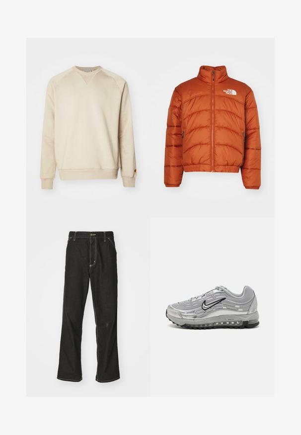 Giacca a vento arancione, con colletto alto, chiusura con zip, modelli cuciti e logo sul lato sinistro del petto. Due tasche laterali.; Felpa beige in morbido cotone misto, con bordi a costine ai polsini e all'orlo, maniche raglan e una piccola accentuata in metallo sul lato sinistro delle maniche.; Jeans in denim nero con una vestibilità ampia, caratterizzati da cuciture bianche a contrasto, chiusura a bottone e un design a gamba dritta.; Sneaker Nike Air Max grigie con parte superiore in rete e materiale sintetico, design ondulato, accenti neri e un'unità di ammortizzazione visibile.