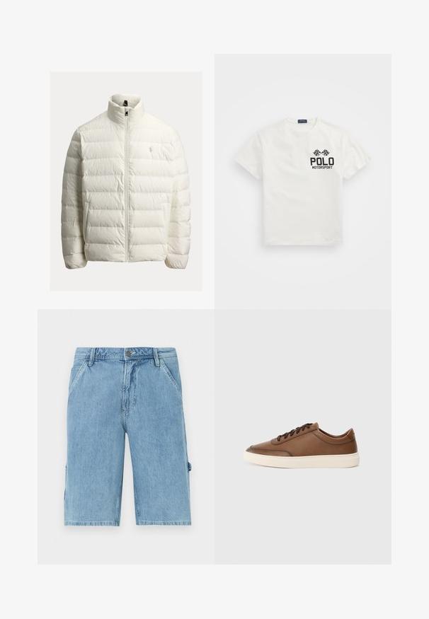 Valkoinen toppatakki vetoketjulla, korkealla kauluksella, tikatulla kuviolla ja logokoristeella rinnassa. Valmistettu sileästä, kevyestä kankaasta.; Valkoinen puuvillapaita, jossa on pyöreä kaula-aukko. Paidassa on musta "Polo Motorsport" -logo ja ristikkäiset ruutuliput vasemmassa rinnassa.; Vaaleansinisiä farkkushortseja, joissa on suora leikkaus. Mallissa on etupussit ja sivutasku, sekä haalistunut pinta ja vyölenkit vyötäröllä.; Ruskea nahkainen lenkkari, jossa on sileä pinta, nauhakiinnitys ja kontrastivärinen luonnonvalkoinen kumipohja. Vähäistä brändäystä sivulla.