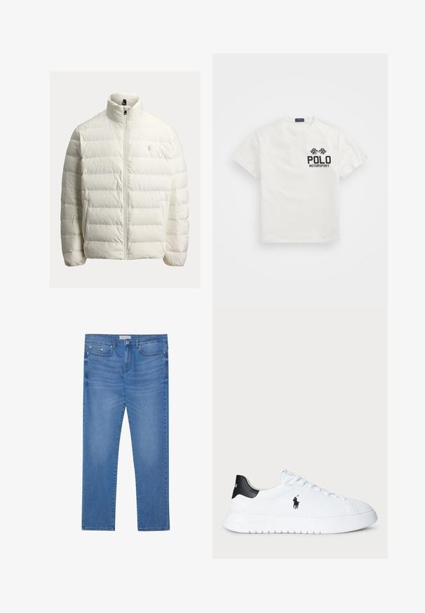 Giacca imbottita bianca con chiusura a zip, collo alto, design trapuntato e logo sul petto. Realizzata in tessuto liscio e leggero.; T-shirt bianca in cotone con colletto rotondo, con logo nero "Polo Motorsport" e bandiere a scacchi incrociate sul lato sinistro del petto.; Jeans in denim azzurro chiaro con taglio dritto, design a cinque tasche, leggera scoloritura e dettagli in metallo in vita e nelle tasche.; Sneaker bassa bianca con tallone nero e logo Polo Ralph Lauren nero sul lato, dotata di lacci bianchi e suola in gomma spessa.