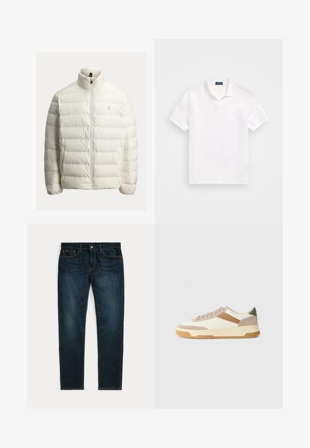 Fehér pufi dzseki cipzáras záródással, magas gallérral, steppelt mintával és logóval a mellrészen. Simogató, könnyű anyagból készült.; Fehér pólóing, pamutból készült, két gombos gallérral, rövid ujjú, és diszkrét logóval a bal mellen. Sima tapintású.; Sötét farmernadrág slim fit szabással. Jellemzői közé tartozik a gombos zipzár, öt zseb és a kontrasztos sárga varrás. Simátextúra, egyenes szárak.; Beige, krémszínű és olívazöld sportcipők, velúr és bőr anyagból, kerek orral, minimalista dizájnnal és gumitalppal.