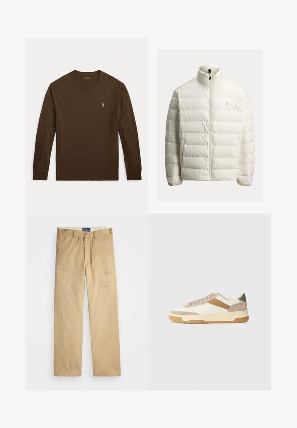 Balta pūdera jaka ar rāvējslēdzēja aizdari, augstu apkakli, kapitonētu dizainu un logotipa akcentu uz krūtīm. Izgatavota no gludas, vieglas auduma.; Brūns T-krekls ar garām piedurknēm, izgatavots no kokvilnas. Tam ir apaļa kakla izliekums un neliels zelta logotips kreisā krūtīs. Gluda tekstūra.; Beige kokvilnas bikses ar taisnu piegriezumu. Iezīmēts ar izsistiem laukumiem un izšuvumiem priekšpusē. Klasiska pogu un rāvējslēdzēja aizdare.; Beige, krēmas un olīvzaļas kedas, kas izgatavotas no zamšādas un ādas materiāliem, ar apaļu purngalu, minimālistisku dizainu un gumijas zoli.