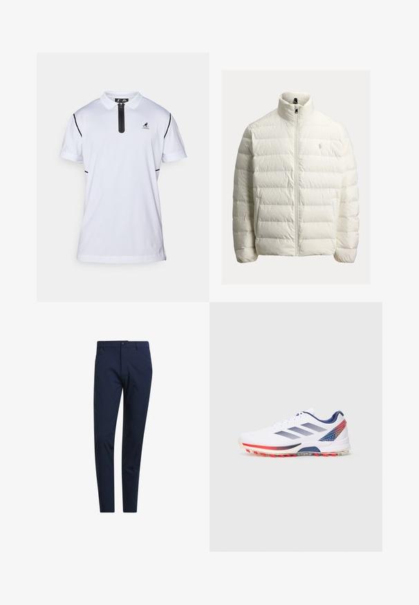 Bijela prozračna jakna prošivenog dizajna s zatvaračem, visokim ovratnikom i logotipom na prsima. Izrađena od glatkog, laganog materijala.; Majica s kratkim rukavima bijele boje s crnim patentnim zatvaračem na ovratniku, crnim bočnim akcentima i malim logom na lijevoj prsnoj strani. Izrađena od prozračnog materijala.; Mornarsko plavi chinos hlače slim kroja, napravljene od laganog materijala, s petljama za remen, prednjim dugmadom za zatvaranje i bočnim džepovima.; Bijela atletska cipela s mornarsko plavim prugama, crvenim i mornarsko plavim geometrijskim detaljima na peti, i crvenim kramponima na potplatu, prikazana sa vanjske strane.