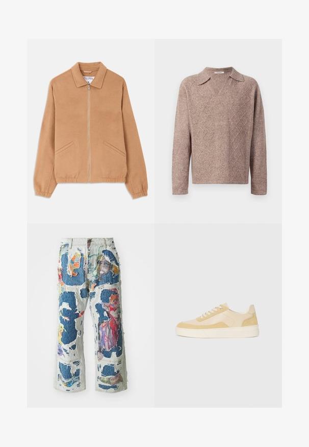 Tan wool-blend jacket with a collar, front zipper, and two angled pockets. Features a relaxed fit and ribbed cuffs. Textured fabric.; Brown knitted sweater with a v-neckline and pointed collar. Features a diamond pattern and long sleeves, made from a soft, textured fabric.; Denim wide-leg pants with an unfinished, distressed look, featuring colorful fabric patches and large cutouts throughout the design.; Sneakers in light yellow suede and leather, featuring a cushioned sole and stitched accents. Classic lace-up design with a rounded toe.