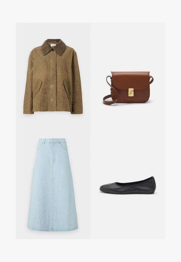 Pruun vahakotiga jope, millel on kašmiirkrae, kahe nurgelise küljepocketiga ja lõdva, kasti kujundusega. Pehme tekstuur kerge kulumise ilmega.; Helebeige lühike sviiter, millel on lukuga kaelus, tekstuuriga muster ning soonikuga varrukad ja äär. Kombineerib kudumise ja kootud materjalid.; Hele sinine denimskirt, põlvepikkune, A-lõikega, millel on vöökoht, esine nupulukk ja kaks küljetaskut. Sile tekstuur.; Musthave mustika tantsutossud mustast nahast, ümmarguse varbaga, siledast tekstuurist, minimaalse õmblusdetailiga ja paindliku tallakujundusega.; Pruunist nahast käekott, millel on klapiga sulgur, kuldne riistvara, õlarihm ja sile tekstuur. Kompaktne ristkülikukujuline vorm.