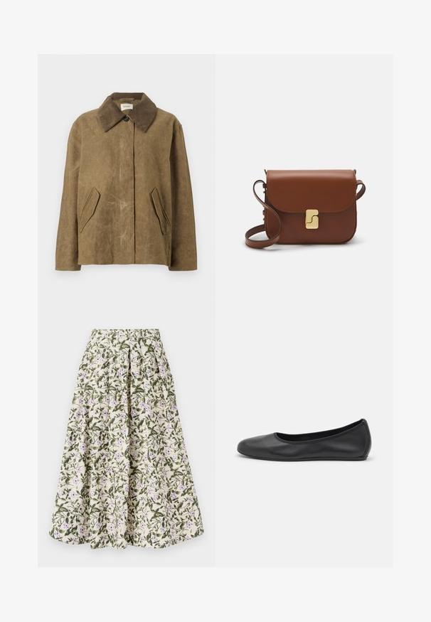 Rjav voščen plašč z žametnim ovratnikom, opremljen z dvema podkotnima stranskima žepoma in sproščenim, kvadratnim krojem. Mehka tekstura z rahlo obrabljenim videzom.; Svetilka svetlo bež barve s krajšim krojem in zadrgo na ovratniku, ki ima strukturiran vzorec ter rebraste manšete in spodnji rob. Združuje pletene in tkane materiale.; Cvetlična krila z morskocremasto ozadjem, zelenimi listi in vijoličnimi cvetovi. Elastičen pas, nabran dizajn in lahkotna tkanina.; Črne usnjene balerinke z zaobljenim nosom, gladko teksturo, minimalnimi šivi in fleksibilno zasnovo podplata.; Rjava usnjena torbica s poklopcem, zlato obarvani okovi, naramnica in gladka tekstura. Kompaktna pravokotna oblika.