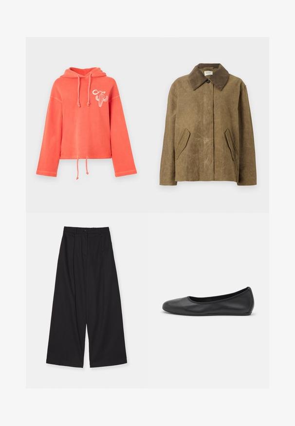 Brown waxed jacket with a corduroy collar, featuring two angled side pockets and a relaxed, boxy fit. Soft texture with a slightly worn appearance.; Coral cropped hoodie made of soft fabric, featuring a drawstring hood, cuffed long sleeves, and a cactus graphic on the front.; Black wide-leg trousers made of a smooth fabric, featuring a high waist, front pleats, a button closure, and a straight silhouette.; Black leather ballet flat with a rounded toe, smooth texture, minimal stitching detail, and a flexible sole design.